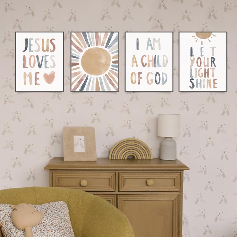 PLKMN Jesus Loves Me Wall Art Prints,Child of God,Inspirational Bible Verses Boho Sun Decor for Nursery Baby Kids Bedroom,Gifts for Kids 10x8 Inch Set of 4 Unframed - Image 5