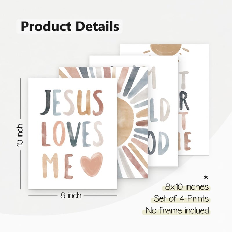 PLKMN Jesus Loves Me Wall Art Prints,Child of God,Inspirational Bible Verses Boho Sun Decor for Nursery Baby Kids Bedroom,Gifts for Kids 10x8 Inch Set of 4 Unframed - Image 2