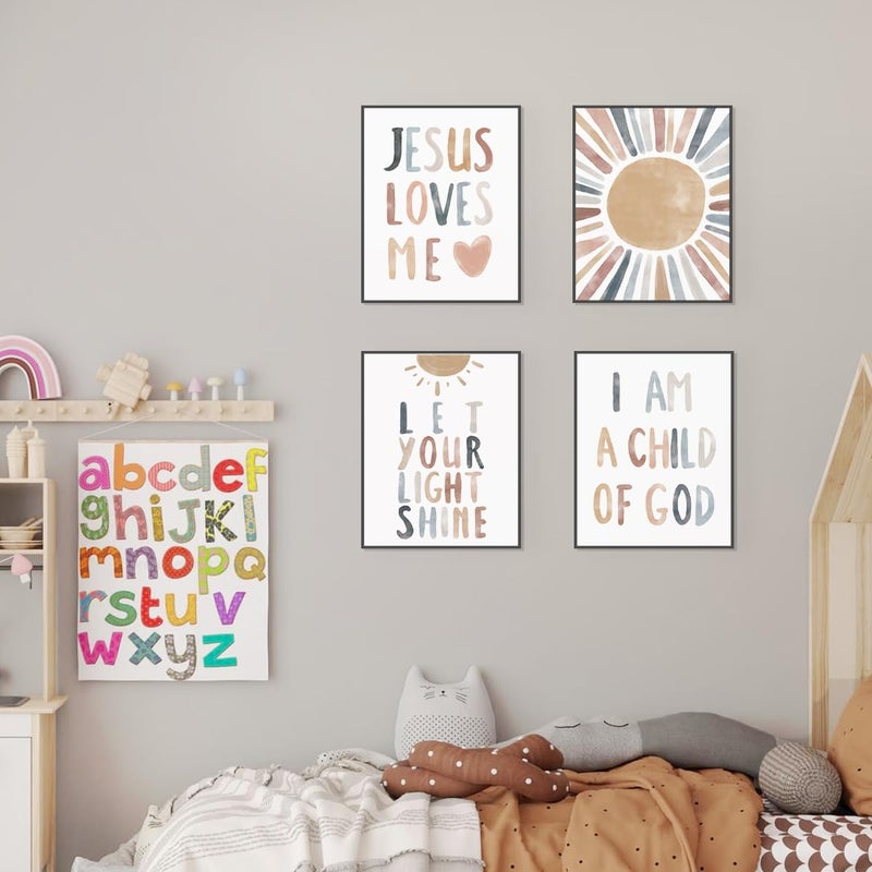 PLKMN Jesus Loves Me Wall Art Prints,Child of God,Inspirational Bible Verses Boho Sun Decor for Nursery Baby Kids Bedroom,Gifts for Kids 10x8 Inch Set of 4 Unframed - Image 4