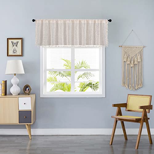 Sutuo Home Boho Sheer Curtain Valance Crochet Lace with Bohemian Hollow Knitted Handmade Tassels, Short Farmhouse Window Treatment for Kitchen Cafe, Rod Pocket, 1 Panel 59" W x 18" L, Beige - Image 2