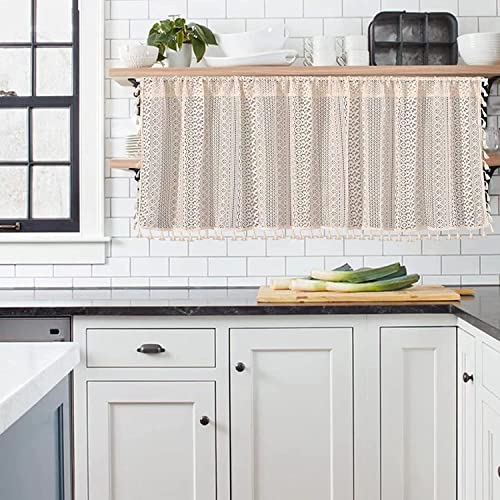 Sutuo Home Boho Sheer Curtain Valance Crochet Lace with Bohemian Hollow Knitted Handmade Tassels, Short Farmhouse Window Treatment for Kitchen Cafe, Rod Pocket, 1 Panel 59" W x 18" L, Beige - Image 4