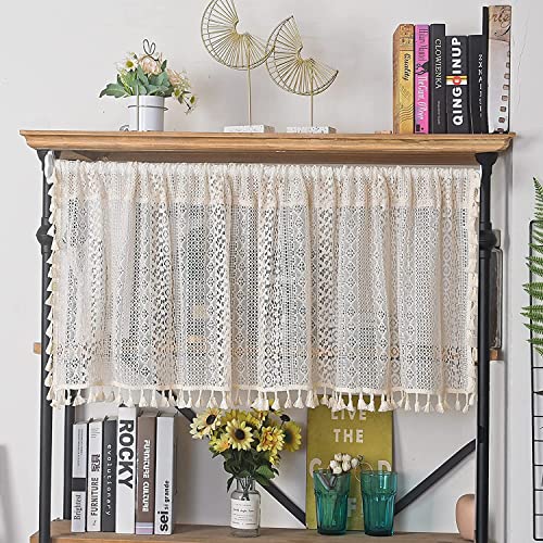 Sutuo Home Boho Sheer Curtain Valance Crochet Lace with Bohemian Hollow Knitted Handmade Tassels, Short Farmhouse Window Treatment for Kitchen Cafe, Rod Pocket, 1 Panel 59" W x 18" L, Beige - Image 1