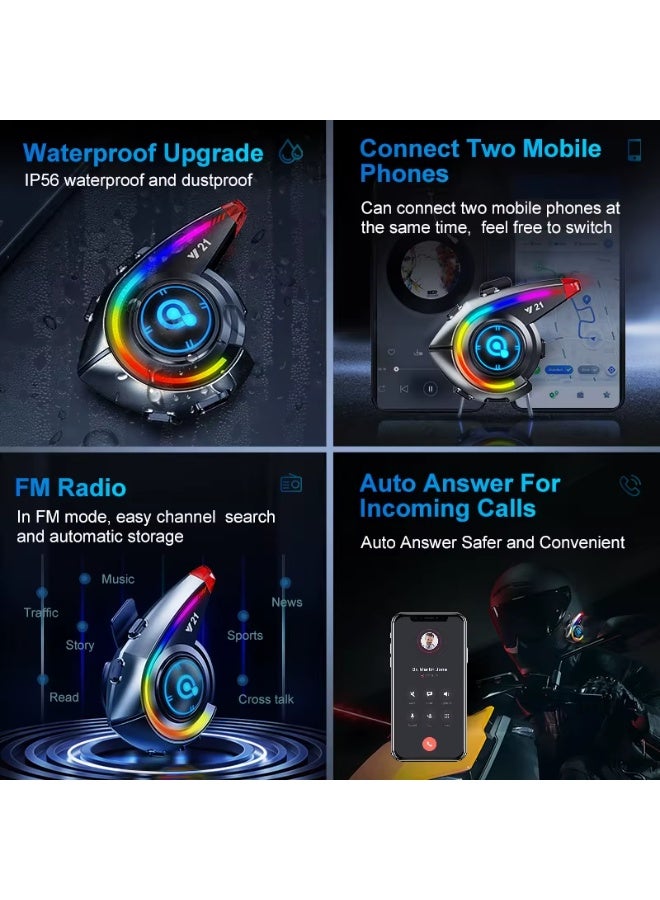 Accessomart Helmet Bluetooth Headset Y21 — Bluetooth 5.4, IPX6 Waterproof, 18H Playtime, FM Radio, Type-C - Image 4
