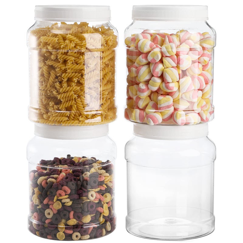 Okllen 4 Pack 80 FL Oz 58 Gallon Clear Plastic Jars with Lids Large Empty Storage Gallon Containers Round Canisters for Nut Snack Honey Jam Dry Food Storage Jar Wide Mouth BPA Free