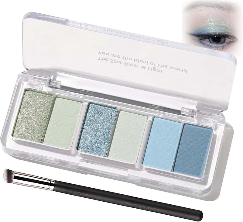 Blue Ocean Eyeshadow Palette 6 Color Eye Shadow with Brush Blendable Long Lasting Multi Finish Shades Compact Travel Friendly Design Glitter Matte Shimmer Makeup Palette Blue Ocean