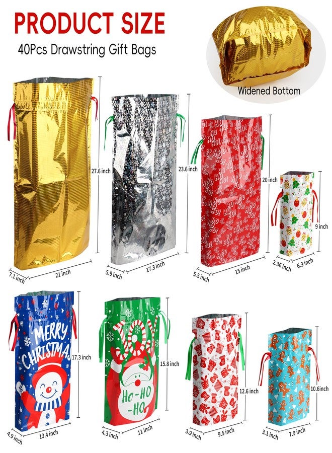 POPGIFTU 40-Pack Christmas Drawstring Gift Bags – 8 Festive Designs | Reusable Foil Holiday Wrapping Bags with Tags | Assorted XL/L/M/S Santa Xmas Gift Bags - Image 2