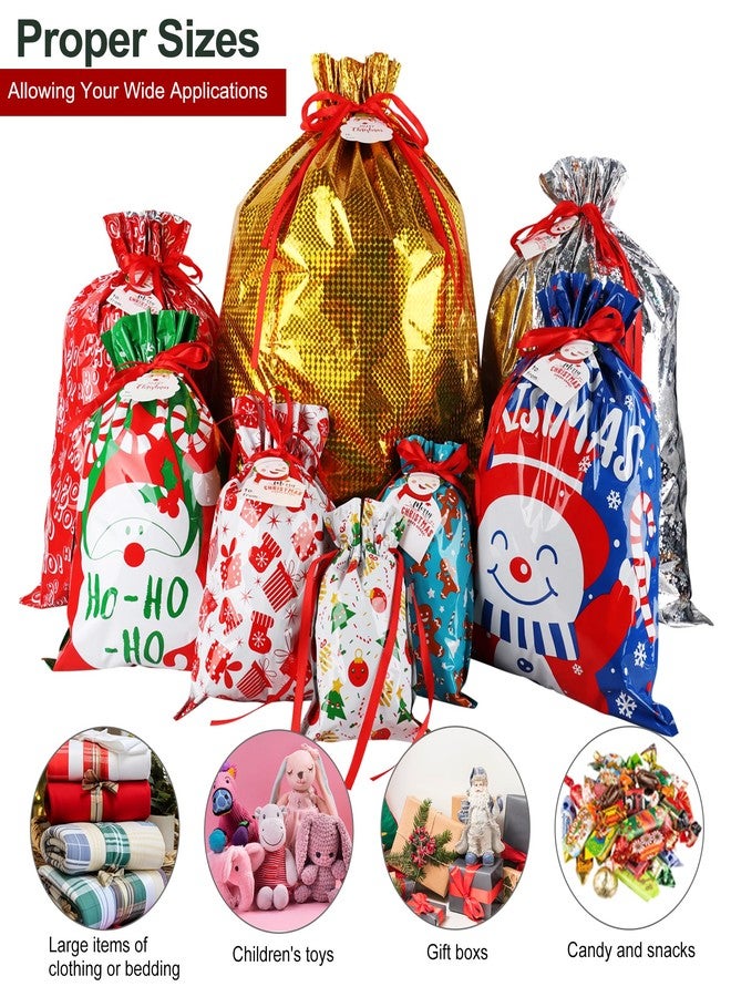 POPGIFTU 40-Pack Christmas Drawstring Gift Bags – 8 Festive Designs | Reusable Foil Holiday Wrapping Bags with Tags | Assorted XL/L/M/S Santa Xmas Gift Bags - Image 5