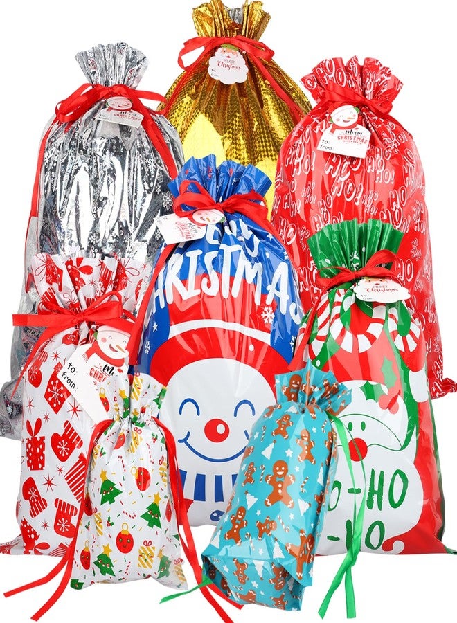 POPGIFTU 40-Pack Christmas Drawstring Gift Bags – 8 Festive Designs | Reusable Foil Holiday Wrapping Bags with Tags | Assorted XL/L/M/S Santa Xmas Gift Bags - Image 1