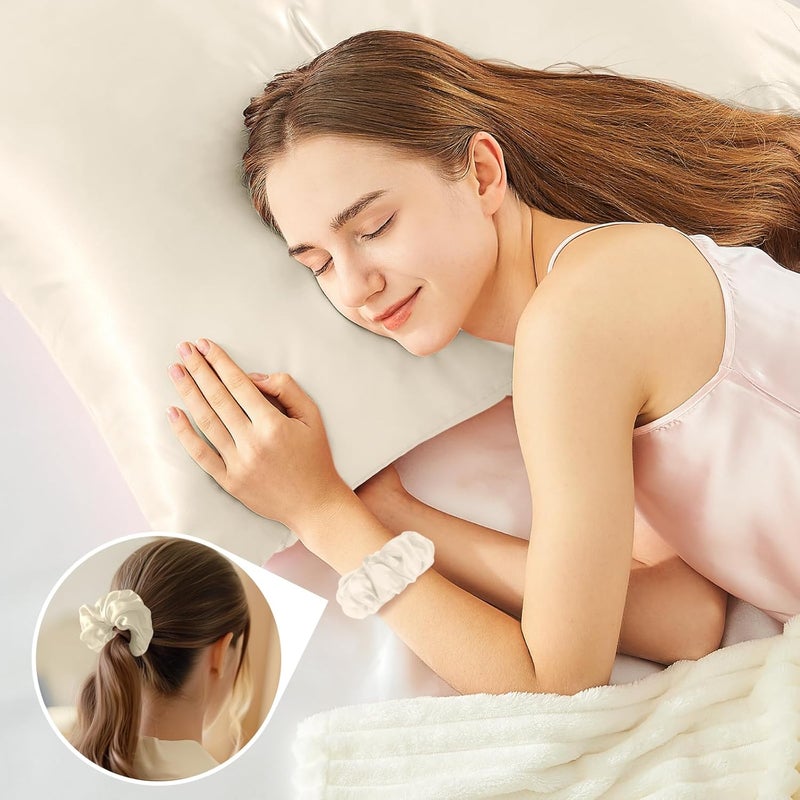BEDELITE Similar to Silk Pillowcase Pillow Cover 80 x 80 cm Beige Satin Pillowcase Set of 2 Soft as Silk Pillowcase 80 x 80 cm Summer with 2 Hair Bobbles for Hair and Skin - Image 5