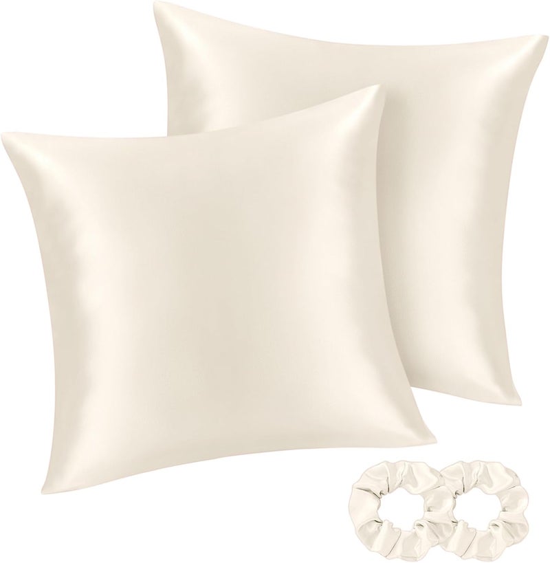 BEDELITE Similar to Silk Pillowcase Pillow Cover 80 x 80 cm Beige Satin Pillowcase Set of 2 Soft as Silk Pillowcase 80 x 80 cm Summer with 2 Hair Bobbles for Hair and Skin - Image 1