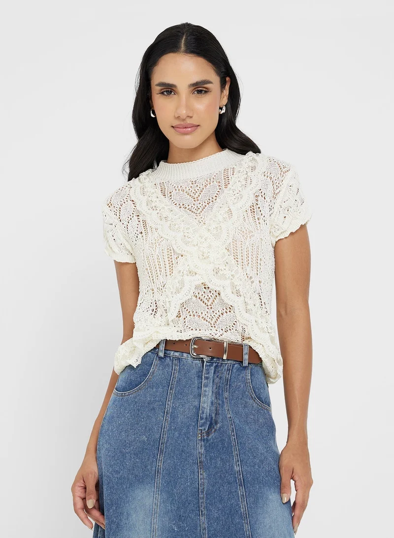 Ginger Knitted Openwork Ruffle Detail Top
