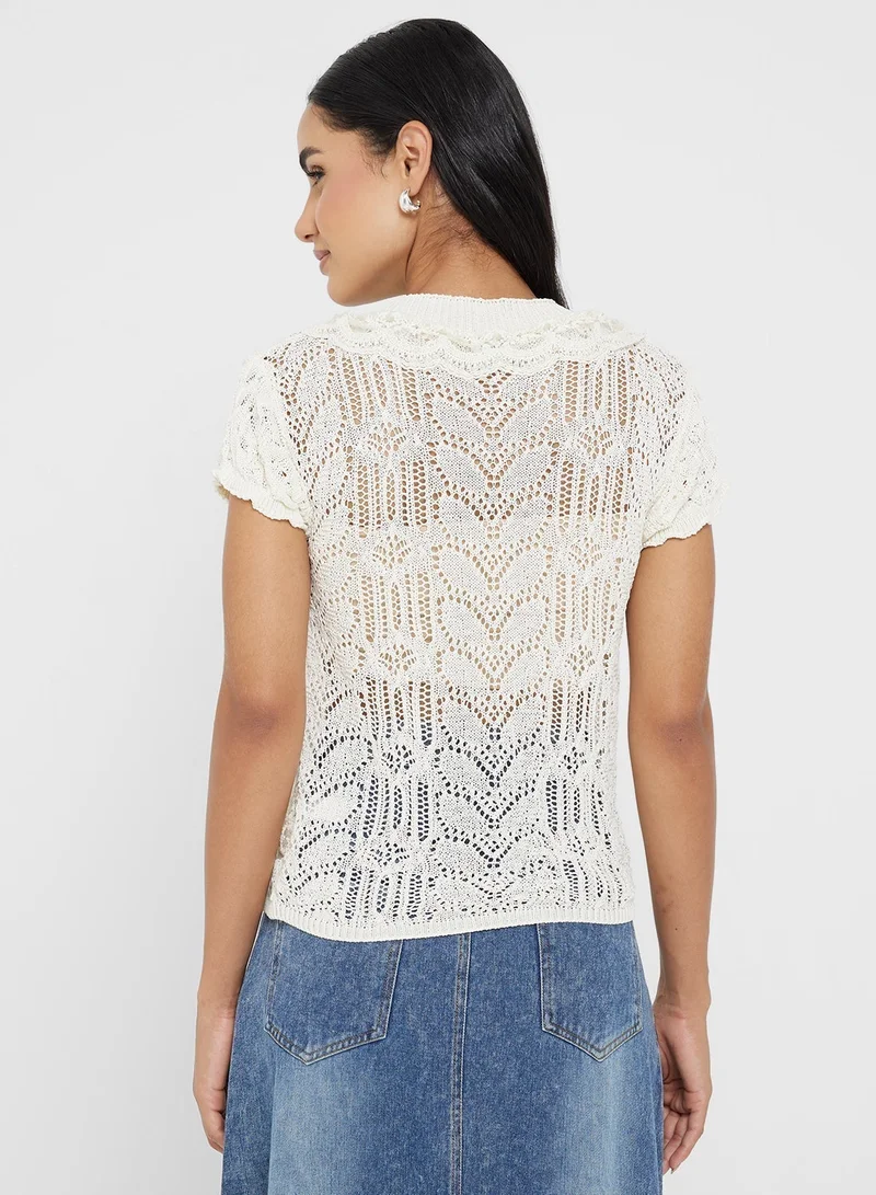 Ginger Knitted Openwork Ruffle Detail Top