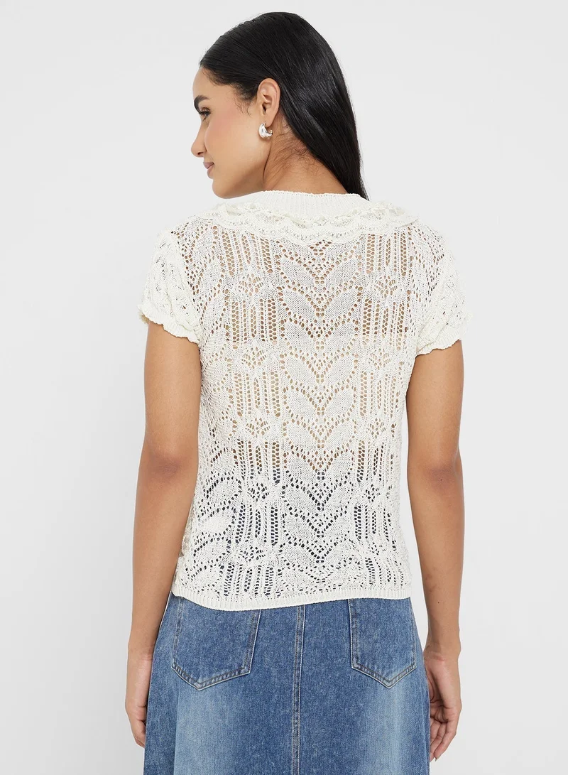 Ginger Knitted Openwork Ruffle Detail Top