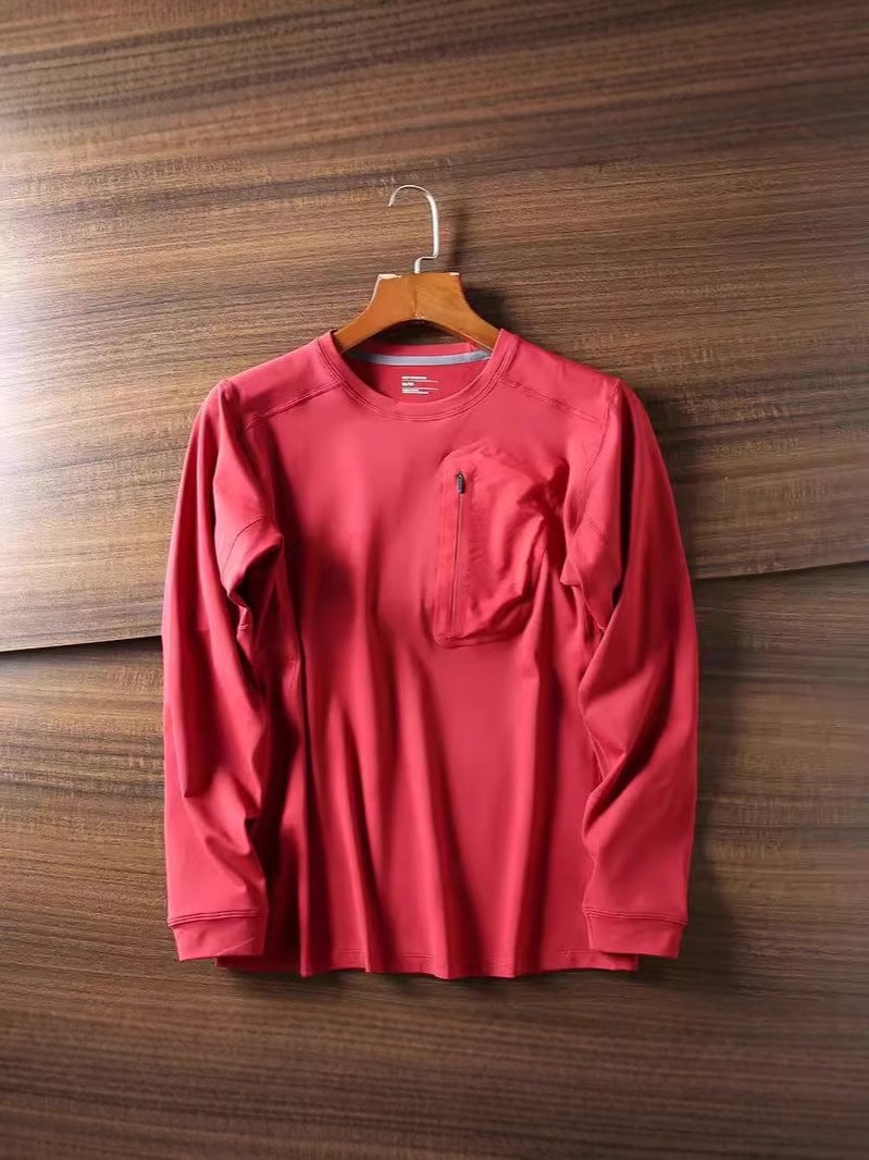 Birds Are Outdoor! Lightweight Design Skin-Friendly Autumn New Men'S High Elastic German Velvet Pressure Plastic Pocket Long Sleeve T-Shirt - Image 3