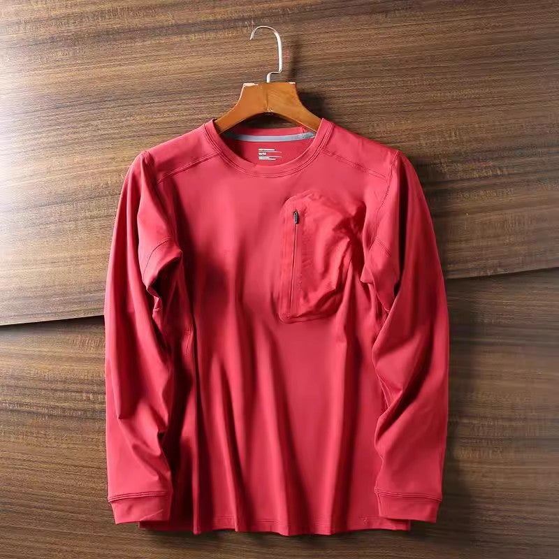 Birds Are Outdoor! Lightweight Design Skin-Friendly Autumn New Men'S High Elastic German Velvet Pressure Plastic Pocket Long Sleeve T-Shirt - Image 1