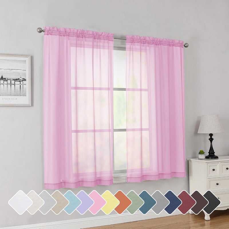 SimpleBrand Pink Short Sheer Curtains 45 Inch Length for Small Windows, Rod Pocket 2 Panels Set Solid Voile Drapes Window Sheer Curtains for Bedroom Bathroom Kids Room Kitchen, 42x45 Inch, 2pcs - Image 1