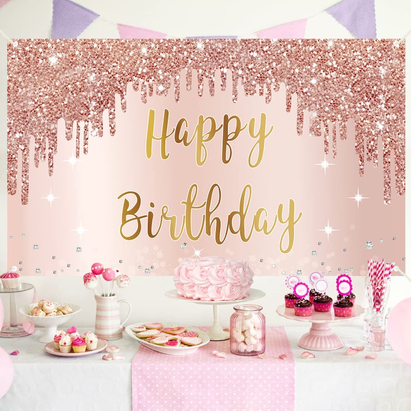 Bumqviy Rose Gold Happy Birthday Banner & Backdrop Decorations for Girls & Women, Pink Theme Party Sign Supplies, Large 16th-50th Birthday Poster Background Photo Booth Props - Image 4