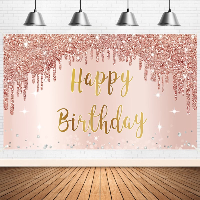 Bumqviy Rose Gold Happy Birthday Banner & Backdrop Decorations for Girls & Women, Pink Theme Party Sign Supplies, Large 16th-50th Birthday Poster Background Photo Booth Props - Image 1