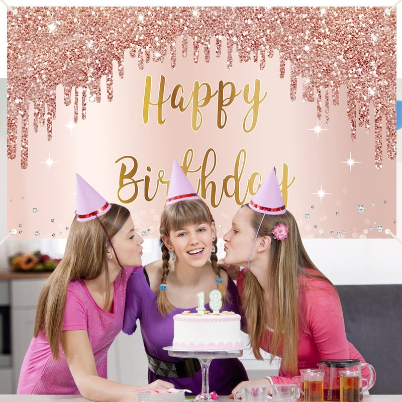 Bumqviy Rose Gold Happy Birthday Banner & Backdrop Decorations for Girls & Women, Pink Theme Party Sign Supplies, Large 16th-50th Birthday Poster Background Photo Booth Props - Image 5