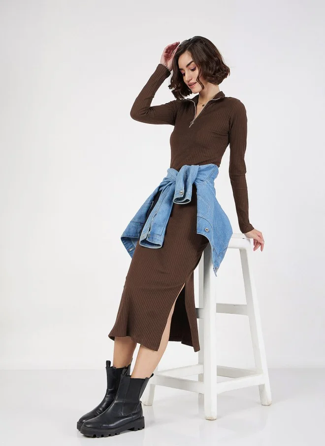 SASSAFRAS Brown Bodycon Midi Dress for Women