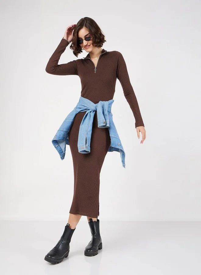 SASSAFRAS Brown Bodycon Midi Dress for Women