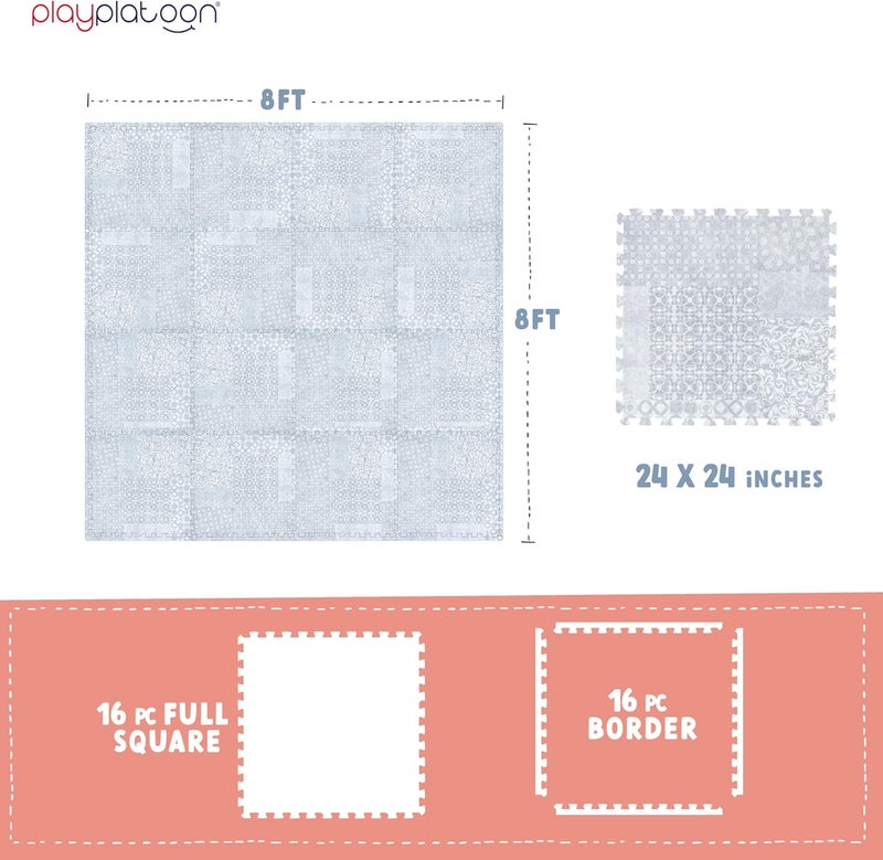 Play Platoon Non-Toxic Extra-Thick Children's Play Mat, 16 Tile - 96 x 96 inch Comfortable Cushiony Foam Floor Puzzle Mat for Kids & Toddlers with 24 x 24 inch Tiles - Grey, Boho Modern - Image 2