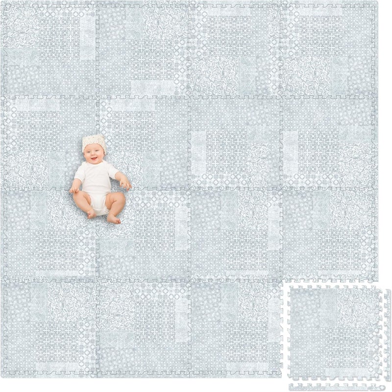 Play Platoon Non-Toxic Extra-Thick Children's Play Mat, 16 Tile - 96 x 96 inch Comfortable Cushiony Foam Floor Puzzle Mat for Kids & Toddlers with 24 x 24 inch Tiles - Grey, Boho Modern - Image 1