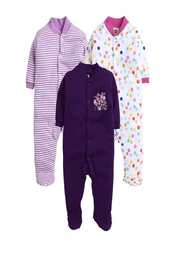 EIO� 100% Cotton Rompers/Sleepsuit for Newborn Baby Boys & Girls Pack of 3 Purple - Image 1