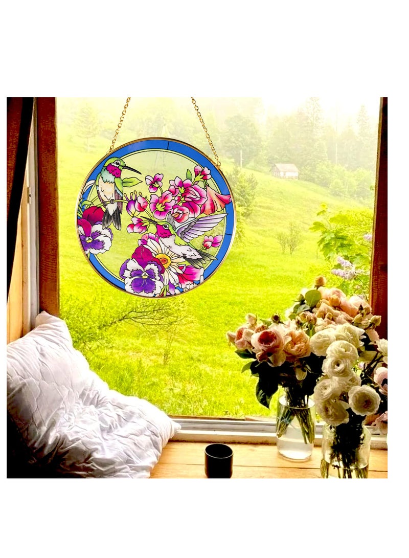 Excefore تحف زجاجية ملونة على شكل طائر الطنان، مصيدة شمسية للنوافذ مع سلسلة معدنية، لوحة زجاجية مزينة باليد، هدية لمحبي الطيور، للأم، الجدة، المعلمة (6.5×6.5”) - Image 2
