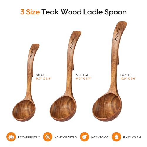 Mooues Wooden Ladle for Soup, 3 Size Teak Wood Ladle Spoon with Back Hooks, Heat Resistant Wooden Spoons for Cooking, Non-Stick, Comfortable Grip, Wood Kitchen Utensils Set for Serving, Stirring - Image 5