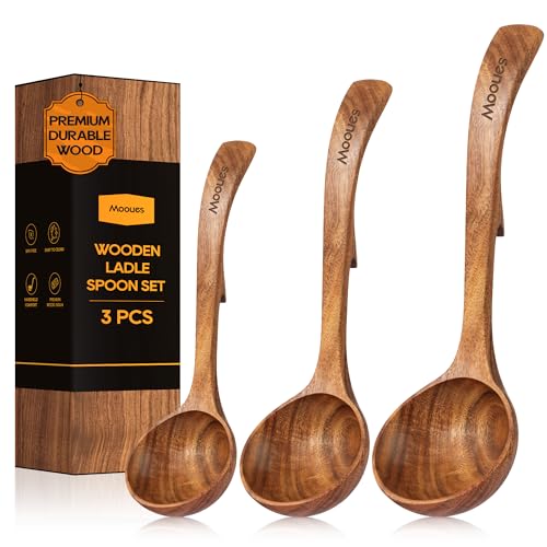 Mooues Wooden Ladle for Soup, 3 Size Teak Wood Ladle Spoon with Back Hooks, Heat Resistant Wooden Spoons for Cooking, Non-Stick, Comfortable Grip, Wood Kitchen Utensils Set for Serving, Stirring - Image 1