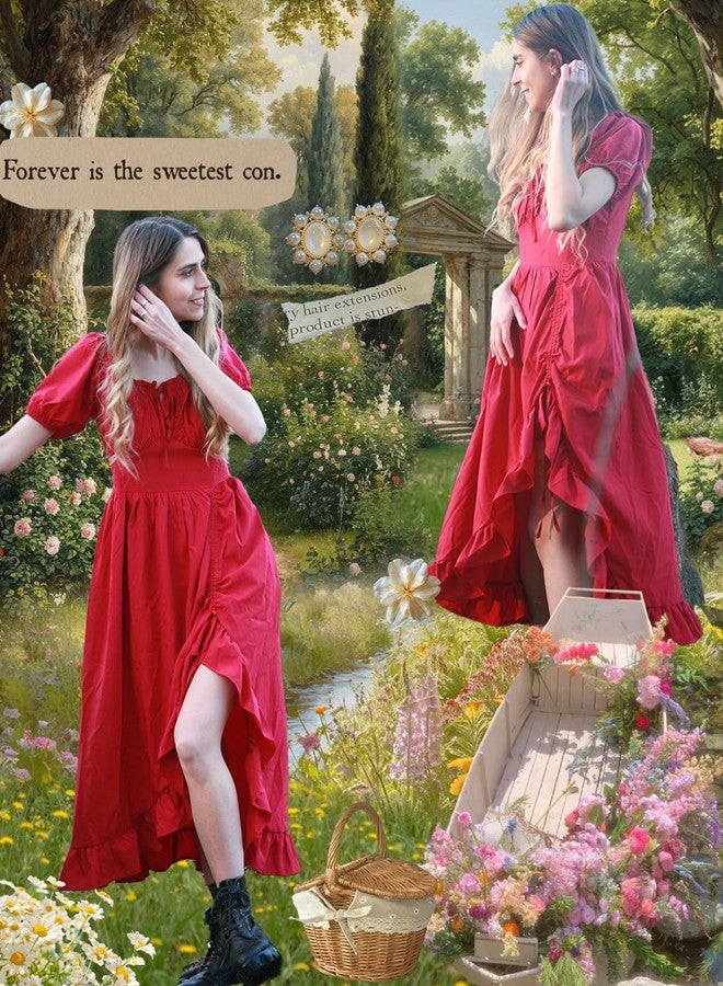 Scarlet Darkness Victorian Dress for Women Vintage Ruffle High Low Midi Dress with Pockets, Red, M - Image 2