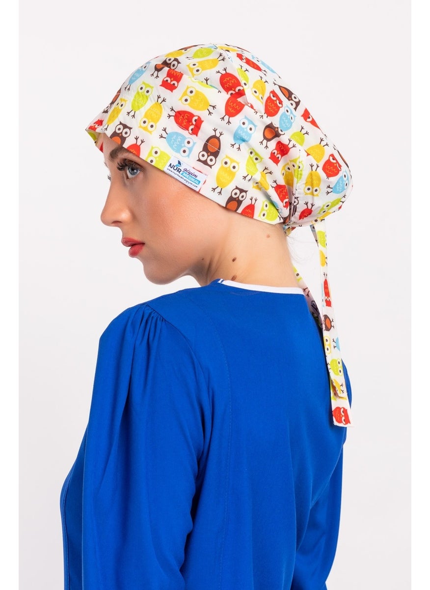 Nur Medikal Giyim Nur Medical Clothing Yellow Owl Patterned Hijab Nurse Doctor Bonnet  - Image 3