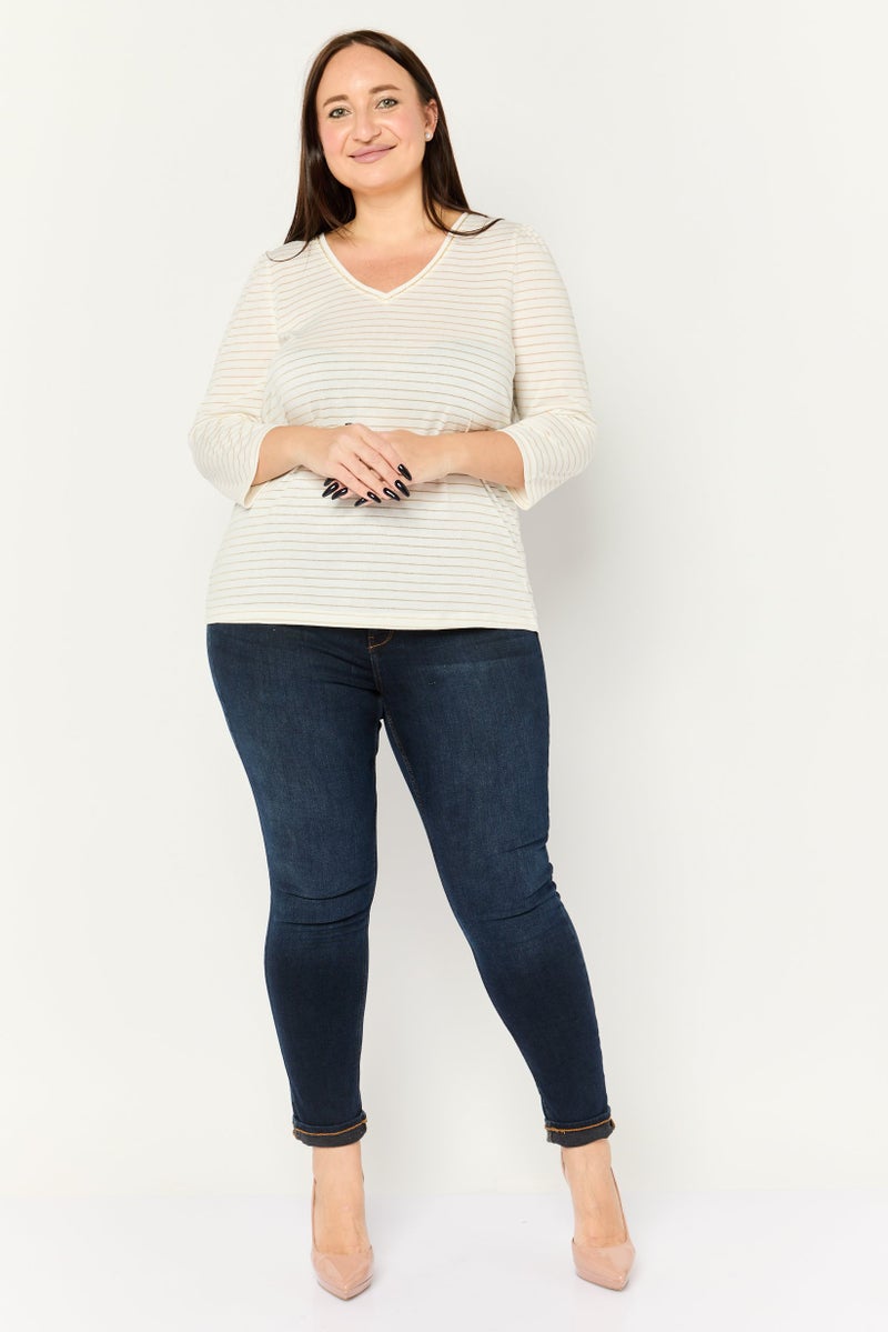 Only Carmakoma Women Plus Size V-Neck Elbow Sleeve Stripe Top, White - Image 3