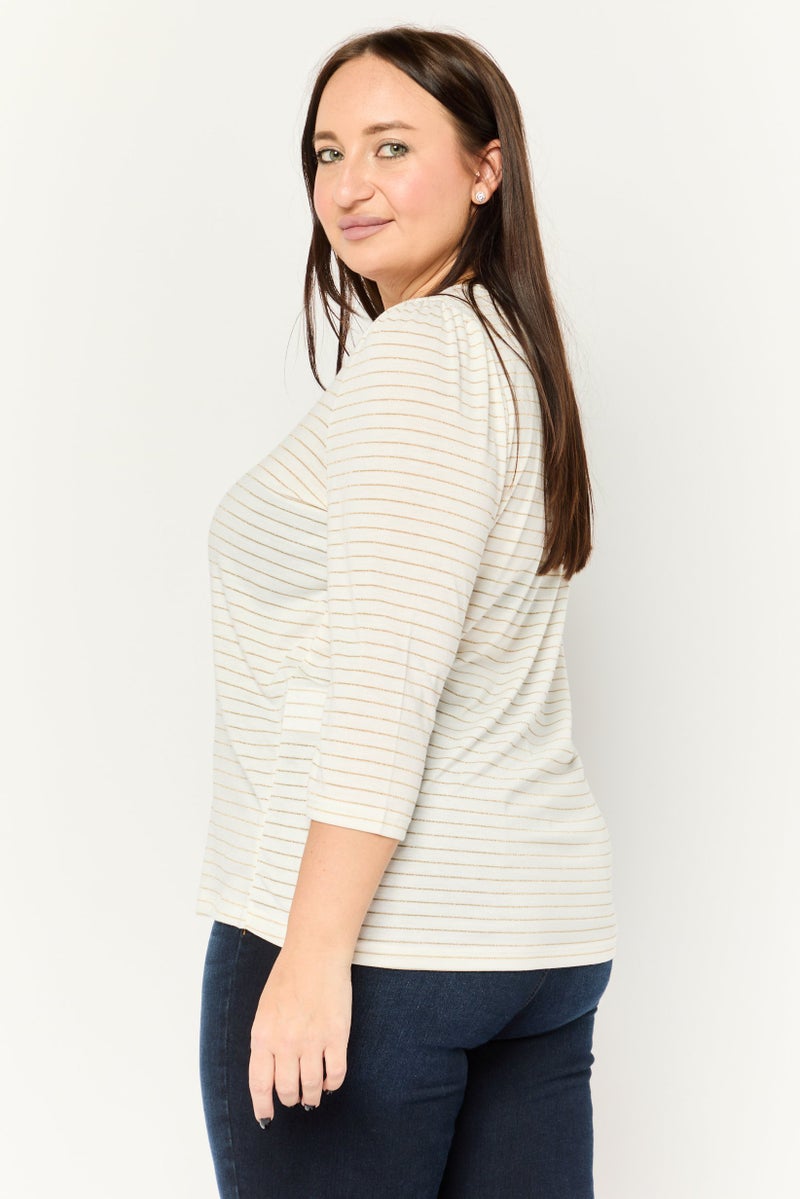 Only Carmakoma Women Plus Size V-Neck Elbow Sleeve Stripe Top, White - Image 2