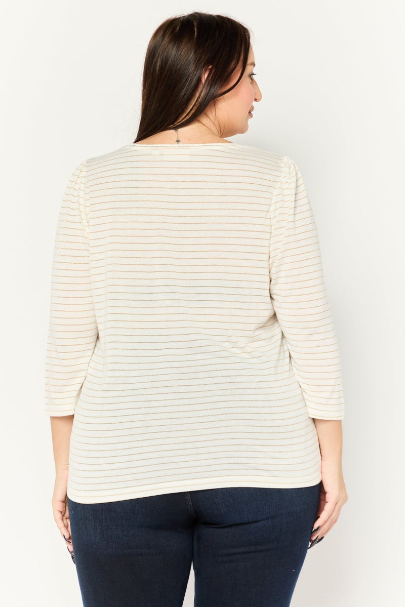 Only Carmakoma Women Plus Size V-Neck Elbow Sleeve Stripe Top, White - Image 4