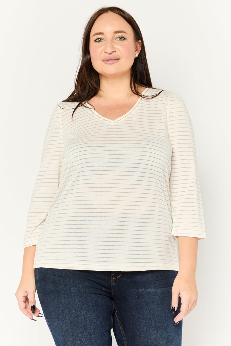 Only Carmakoma Women Plus Size V-Neck Elbow Sleeve Stripe Top, White - Image 1