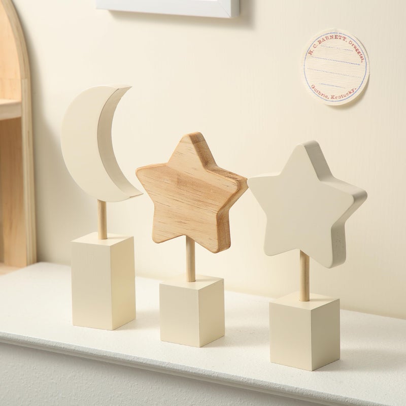 Barydat 3 Pcs Wooden Nursery Shelf Decor Boho Moon and Star Nursery Decor Set Cute Bohemian Children Baby Kids Decor for Nurseries Bedroom Kindergarten Classroom Playroom Boys Girls