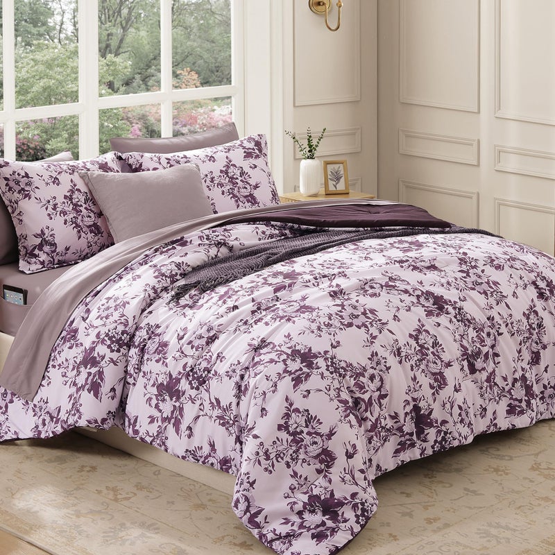 BLOOMHAVEN Queen Comforter Set -7 Pieces Deep Purple Floral Comforter Set for All Seasons, Bed in a Bag Queen with Botanical Flowers Comforter, Sheets, Pillowcases & Shams - Image 4