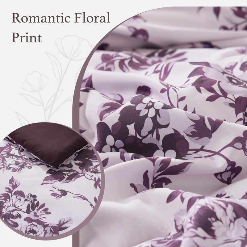 BLOOMHAVEN Queen Comforter Set -7 Pieces Deep Purple Floral Comforter Set for All Seasons, Bed in a Bag Queen with Botanical Flowers Comforter, Sheets, Pillowcases & Shams - Image 5