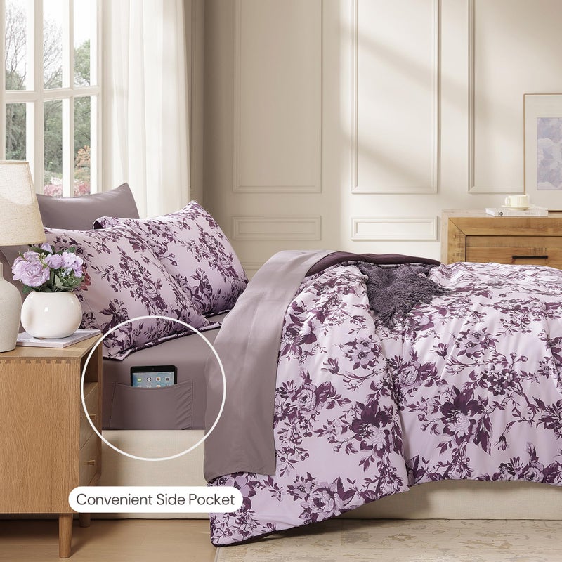 BLOOMHAVEN Queen Comforter Set -7 Pieces Deep Purple Floral Comforter Set for All Seasons, Bed in a Bag Queen with Botanical Flowers Comforter, Sheets, Pillowcases & Shams - Image 3