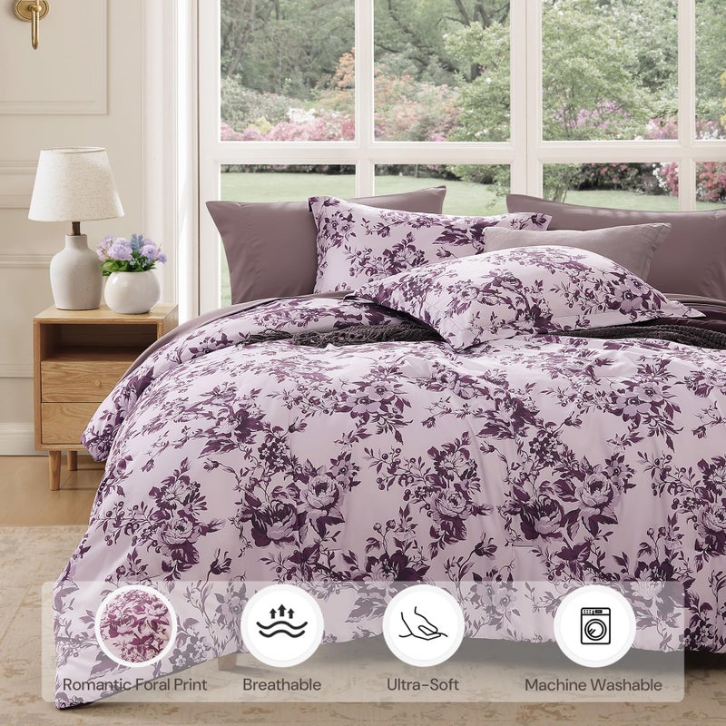 BLOOMHAVEN Queen Comforter Set -7 Pieces Deep Purple Floral Comforter Set for All Seasons, Bed in a Bag Queen with Botanical Flowers Comforter, Sheets, Pillowcases & Shams - Image 2
