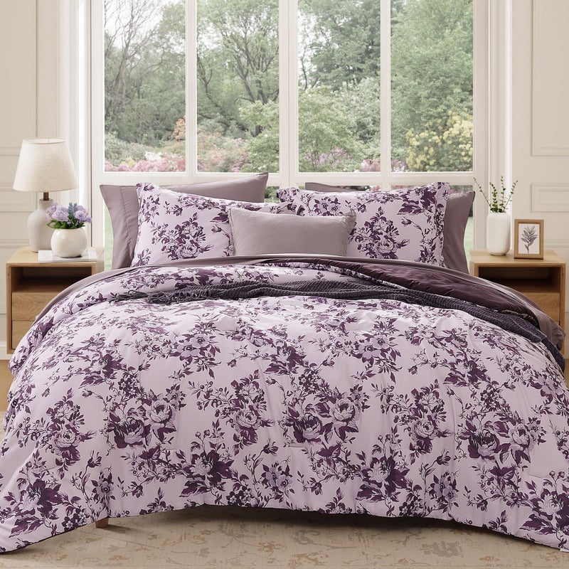 BLOOMHAVEN Queen Comforter Set -7 Pieces Deep Purple Floral Comforter Set for All Seasons, Bed in a Bag Queen with Botanical Flowers Comforter, Sheets, Pillowcases & Shams - Image 1