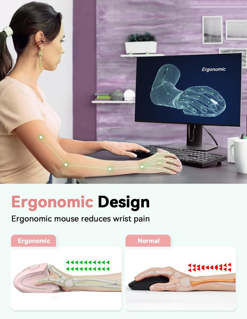 TECKNET 2.4G Ergonomic Mouse Vertical Wireless - 4800 DPI Optical Carpal Tunnel Mice Right Hand, 4800 DPI Adjustable, Quiet Clicks, 6 Buttons for Laptop, Desktop, PC, Computer - Pink - Image 2