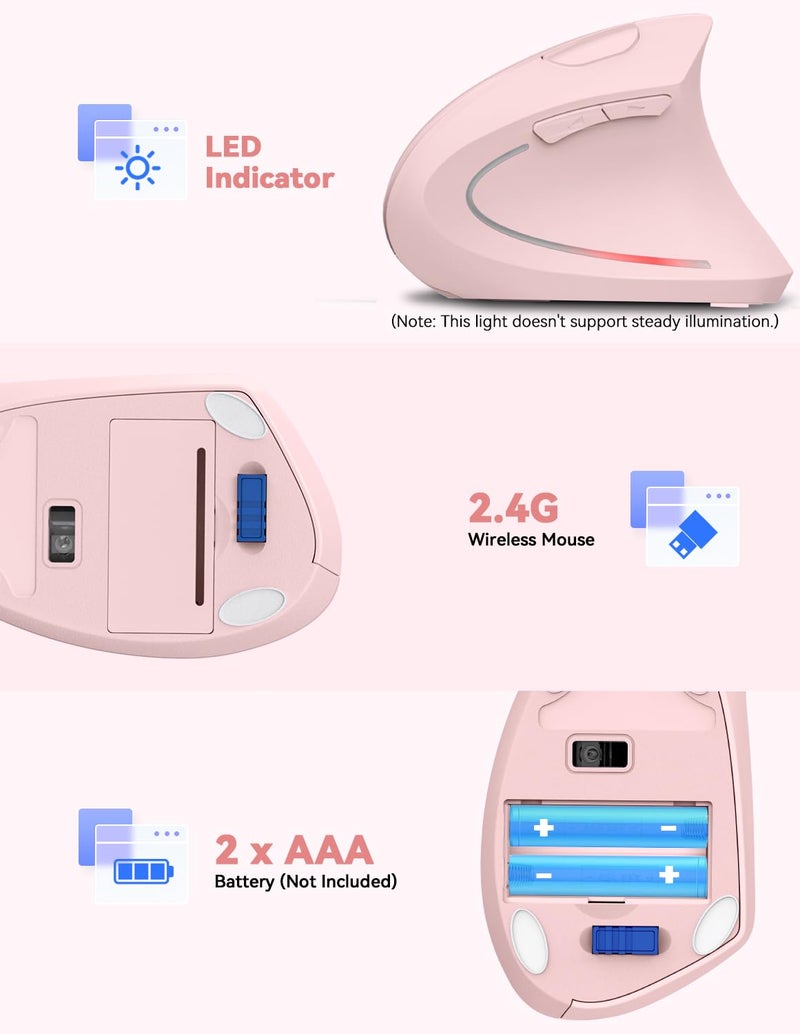 TECKNET 2.4G Ergonomic Mouse Vertical Wireless - 4800 DPI Optical Carpal Tunnel Mice Right Hand, 4800 DPI Adjustable, Quiet Clicks, 6 Buttons for Laptop, Desktop, PC, Computer - Pink - Image 4
