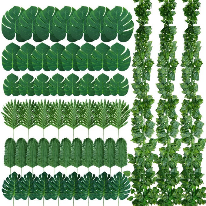24 STRANDS 165 FT ARTIFICIAL VINES WITH LEAVES TROPICAL LEAF GARLAND AND 60 PCS FAKE MONSTERA PALM LEAVES DECOR FAUX IVY VINES FOR JUNGLE SAFARI PLANT PARTY DECORATION