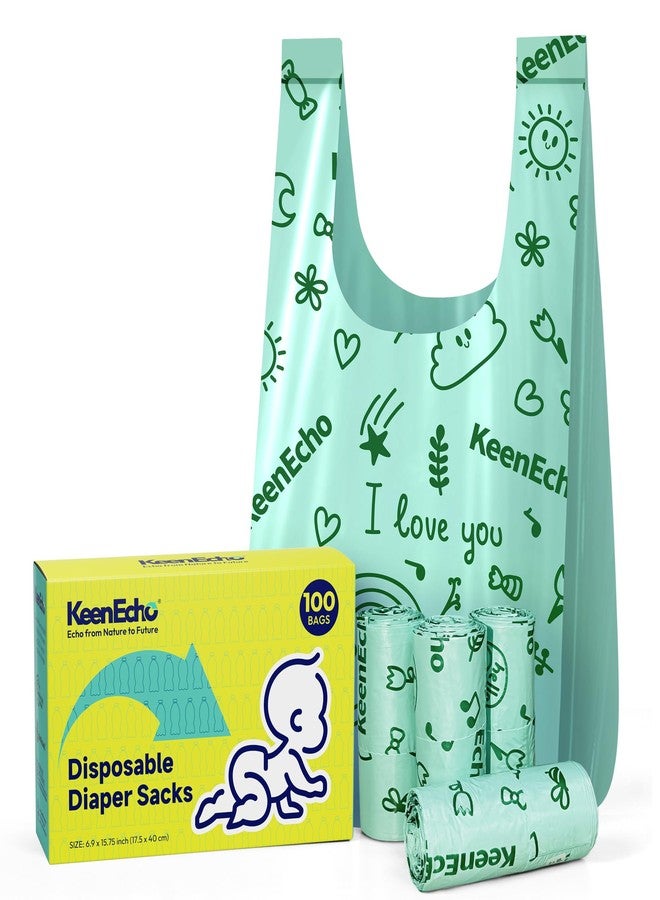 KeenEcho Disposable Diaper Bags with Handles 100 Count (4 Rolls), Unscented Leak-Proof Diaper Trash Bags & Sacks or Pet Waste Bag, Ocean Recycled Plastic, Green - Image 1