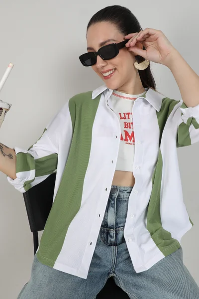 Campus Sutra Women's Pistachio Green & Powder White Boxy Striped Shirt
