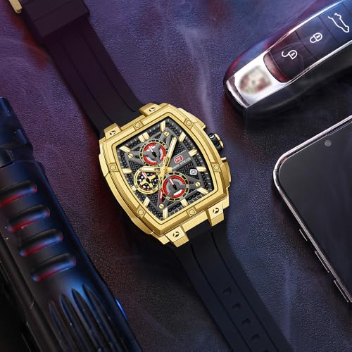 MF MINI FOCUS Mens Watch Analog Fashion Wrist Watch Skeleton Tonneau Watch for Men with ChronographIdeal for Sports Enthusiasts and Daily WearGolden - Image 3