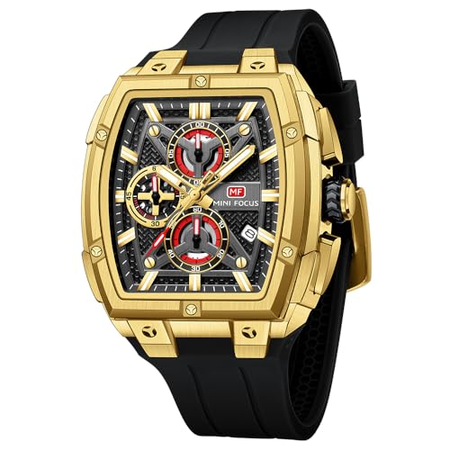 MF MINI FOCUS Mens Watch Analog Fashion Wrist Watch Skeleton Tonneau Watch for Men with ChronographIdeal for Sports Enthusiasts and Daily WearGolden - Image 1